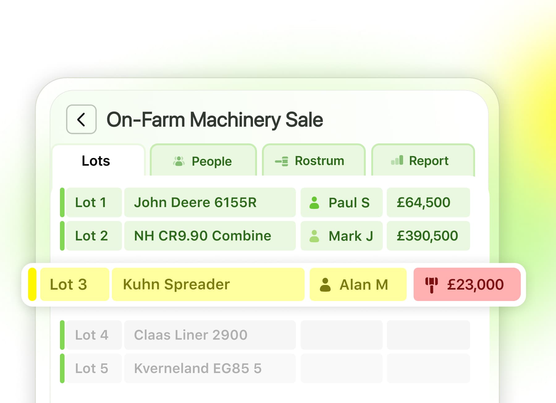 Studio sale sheet with live lot, buyer and seller tracking